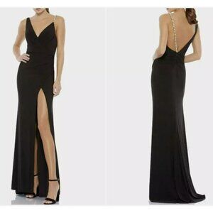 Mac Duggal Pearl Shoulder Strap Black Jersey Maxi Dress Formal Gown Sz 2 NWT